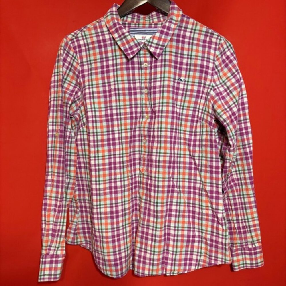 Vineyard Vines Plaid Linen Cotton Blend Button Up Shirt Top Women 14